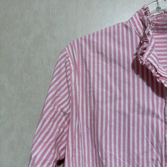Crown & Ivy Pink White Striped Cotton Stretch Ruffle Button Up Top - Picture 2 of 6